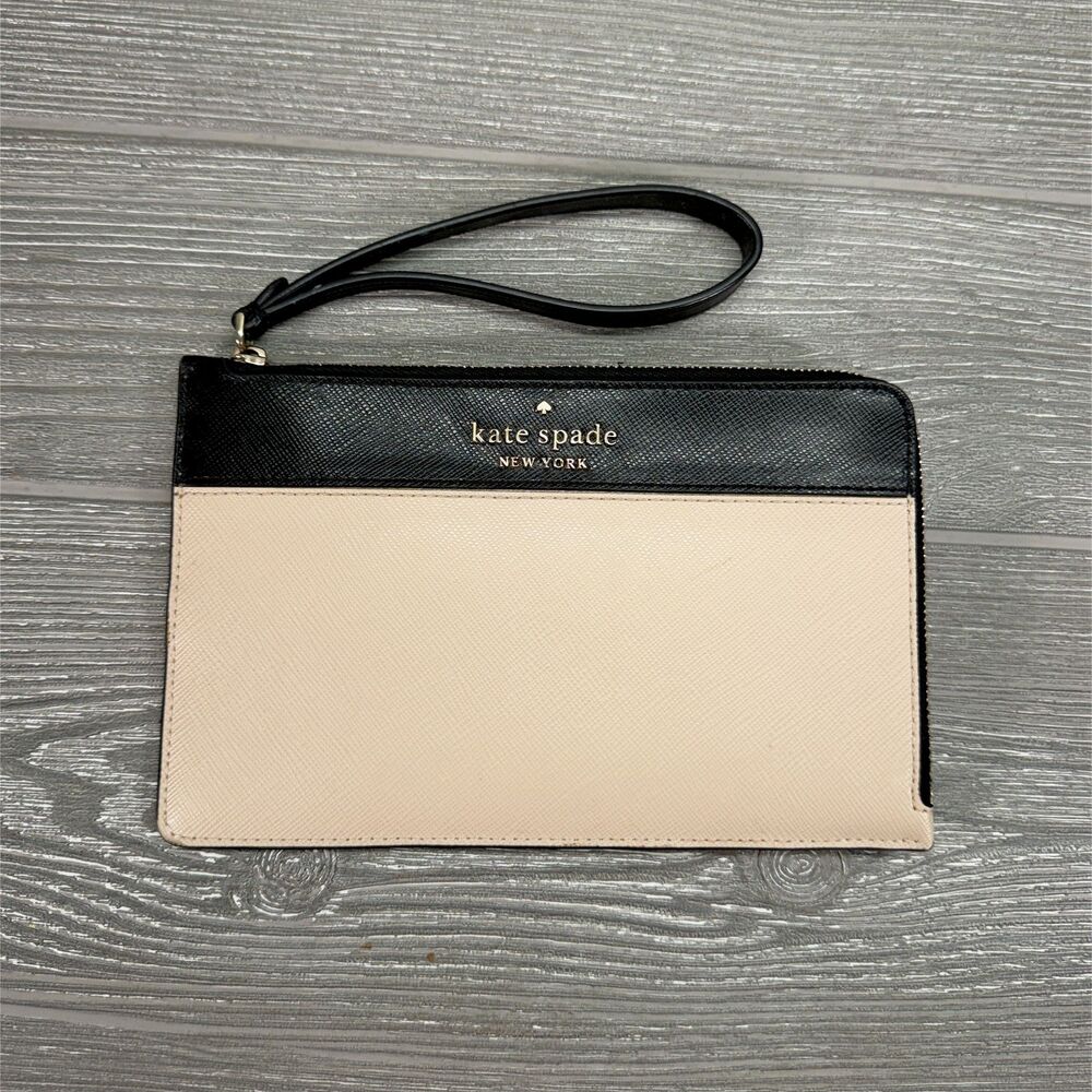 Kate Spade New York Medium 8" L Zip Wristlet Purse Wallet Bicolor Black & Beige
